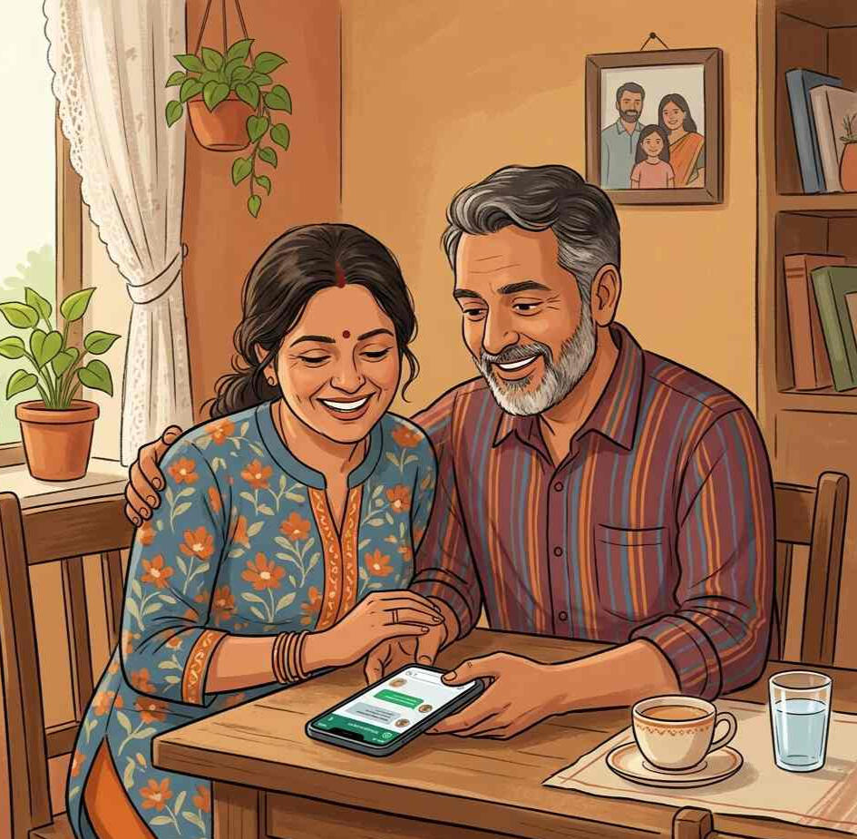 Warm editorial illustration, Indian family setting, a middle-aged Indian man and woman sitting together at a simple home table, looking at a WhatsApp conversation on a phone screen, calm and relieved expressions, soft natural light from a window, muted war