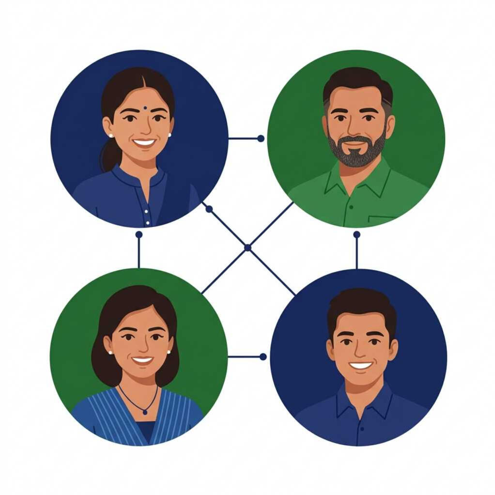 JeevanKey-Four-Indian-health-professionals Simple flat illustration, four diverse Indian health professionals shown as small circular portrait icons arranged in a connected cluster, warm professional expressions, no lab coats or clinical setting, connected by thin lines suggesting a network, brand